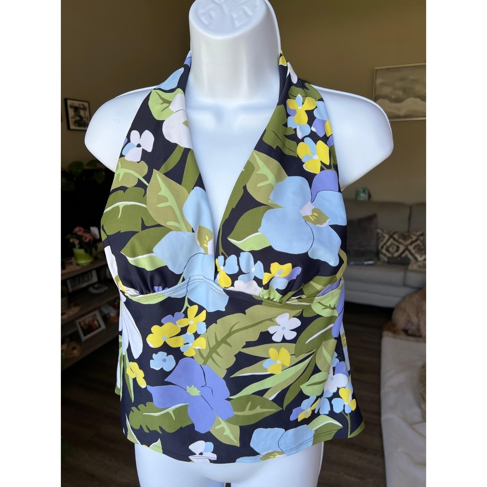 Tropical Escape 14 Tankini Top Tie Back Tropical Palm Print Green Light Padding
